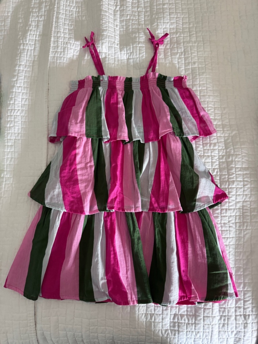 Janie and Jack Pink, Green & White Striped Tiered Dress